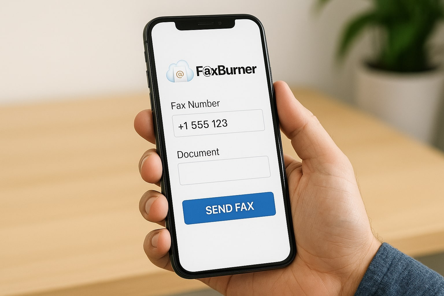 Hand holding a smartphone with FaxBurner app open, showing fax number field, document upload option, and a send fax button