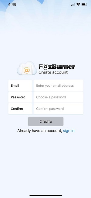 Opening Faxburner Fax App Free Account on iPhone