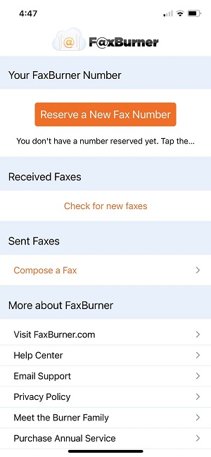 Getting free fax number in Faxburner fax app on iPhone