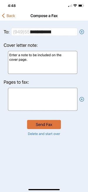 Composing a fax in a free Faxburner app on iPhone