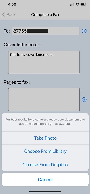 Attaching files in the Faxburner free fax app on iPhone