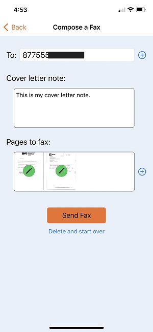 Sending fax using Faxburner free fax app for Iphone