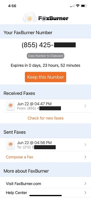 Fax app history of sent and received faxes and fax number view