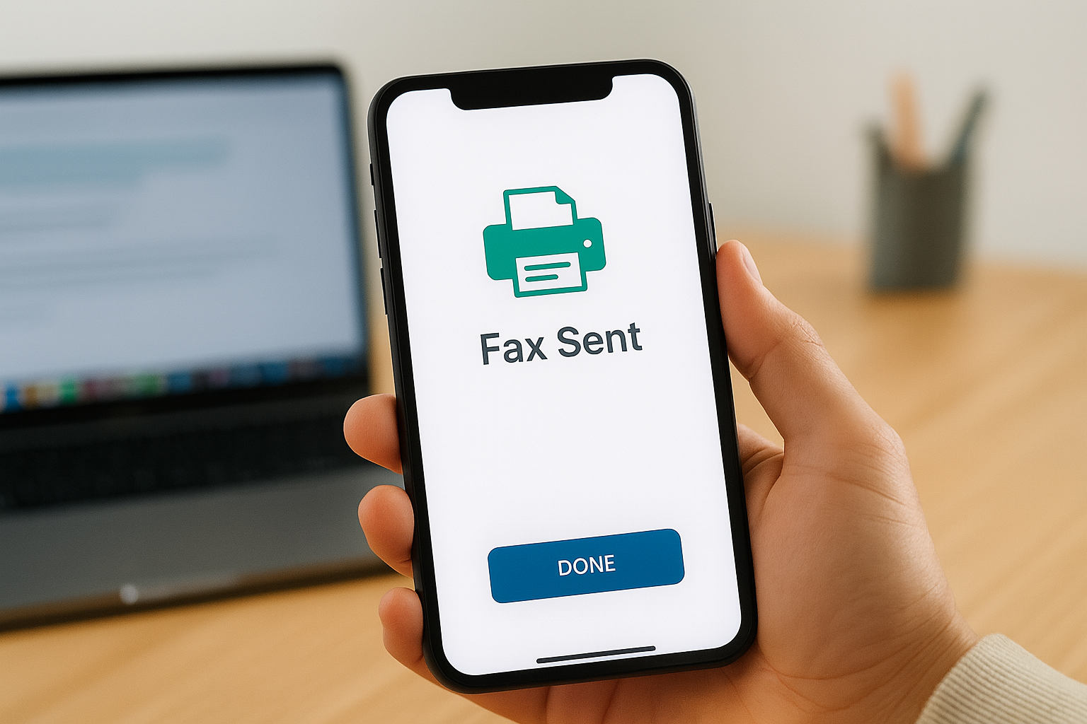 A person holding a smartphone that displays a “Fax Sent” confirmation screen, with a laptop blurred in the background on a wooden desk.