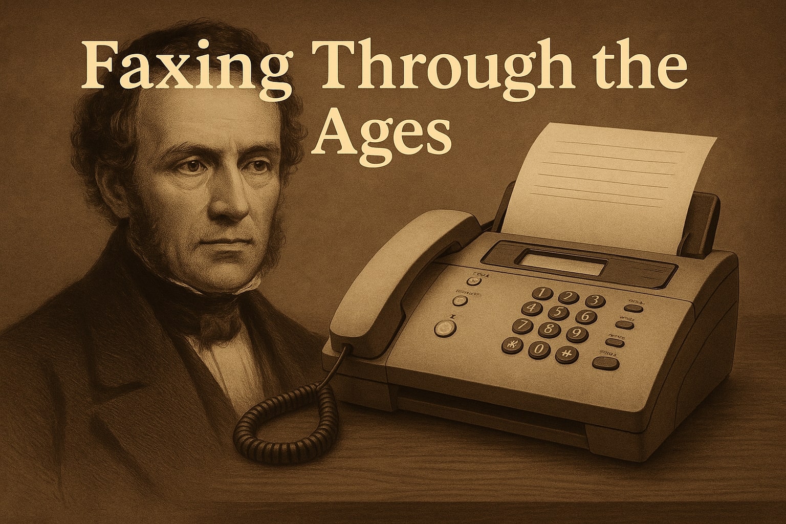 Sepia-toned illustration of Alexander Bain with an early fax machine, titled “Faxing Through the Ages,” blending historical and technological elements