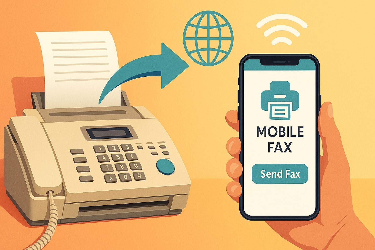 Split-screen image showing a traditional fax machine on one side and a person sending a fax via smartphone app on the other.