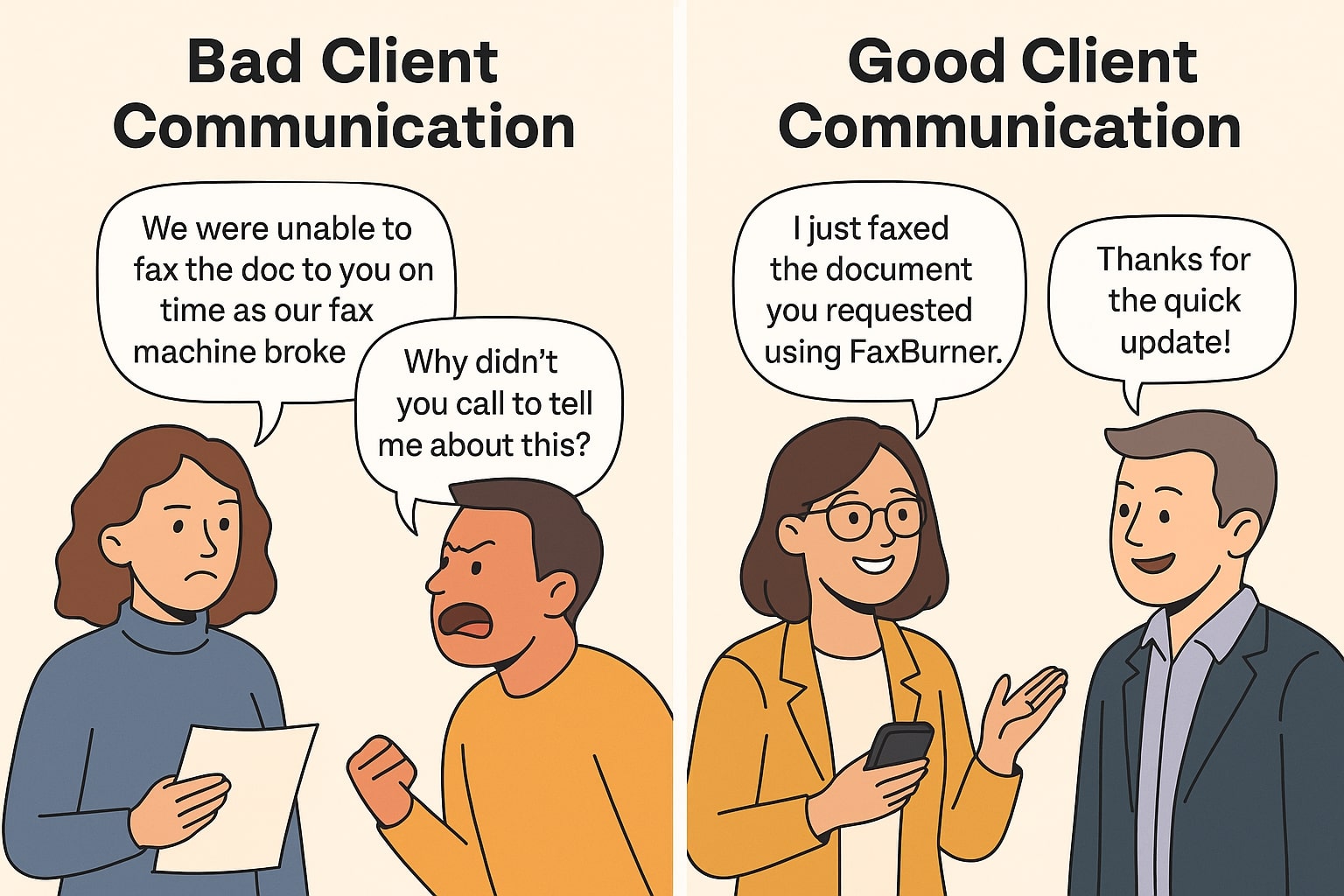 side-by-side cartoon showing bad vs good client communication. The left panel shows a missed fax update leading to client frustration, while the right shows a calm exchange with timely fax delivery using FaxBurner.