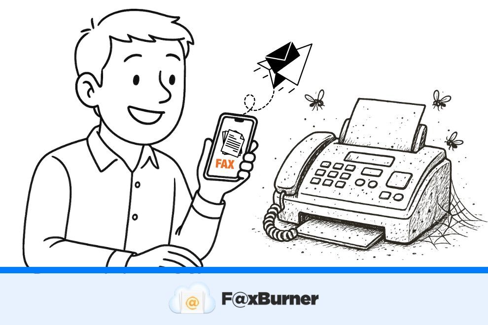 Illustration of a man surrounded by store offering faxing services