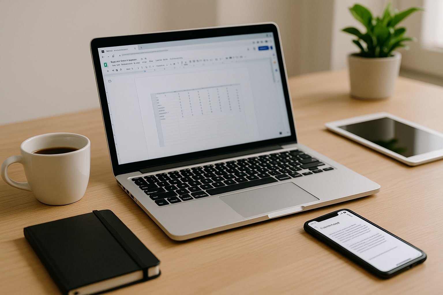 Laptop with a spreadsheet open, smartphone, coffee mug, and tablet on a tidy desk in natural light.
