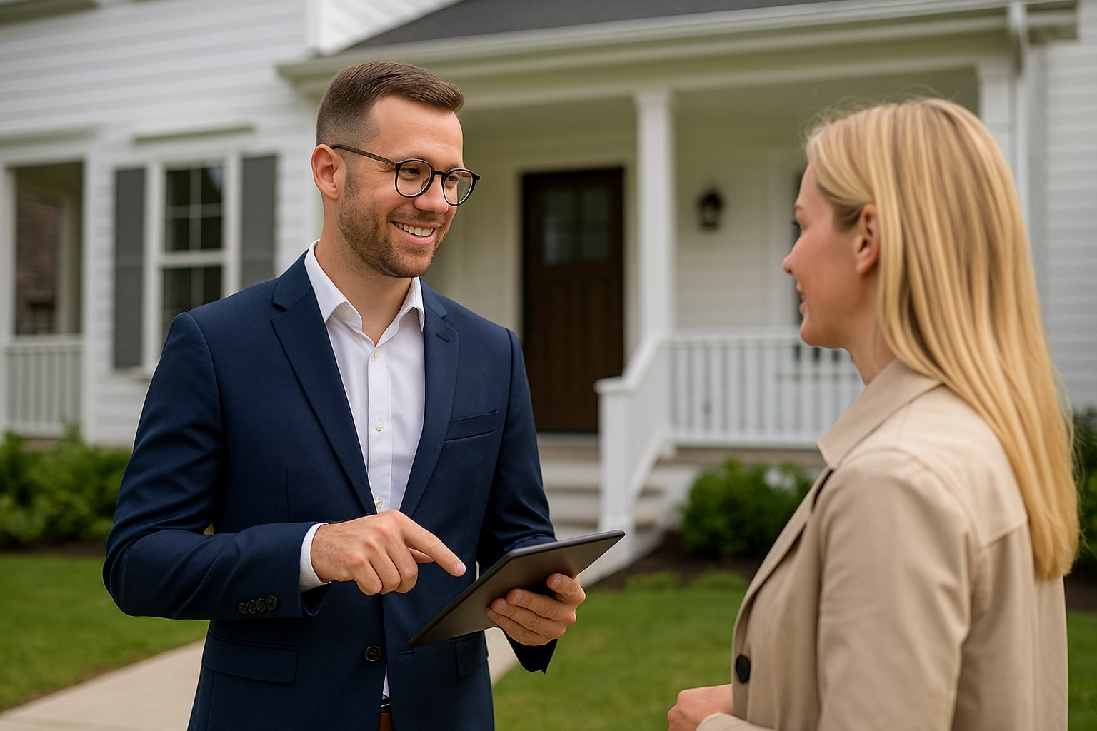 Real estate agent using a tablet to review documents with a client outside a property 