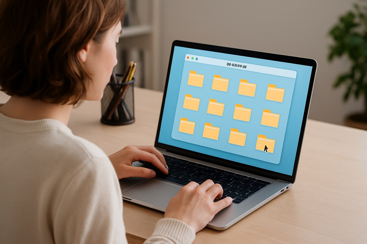 Person organizing digital folders on a laptop at home.
