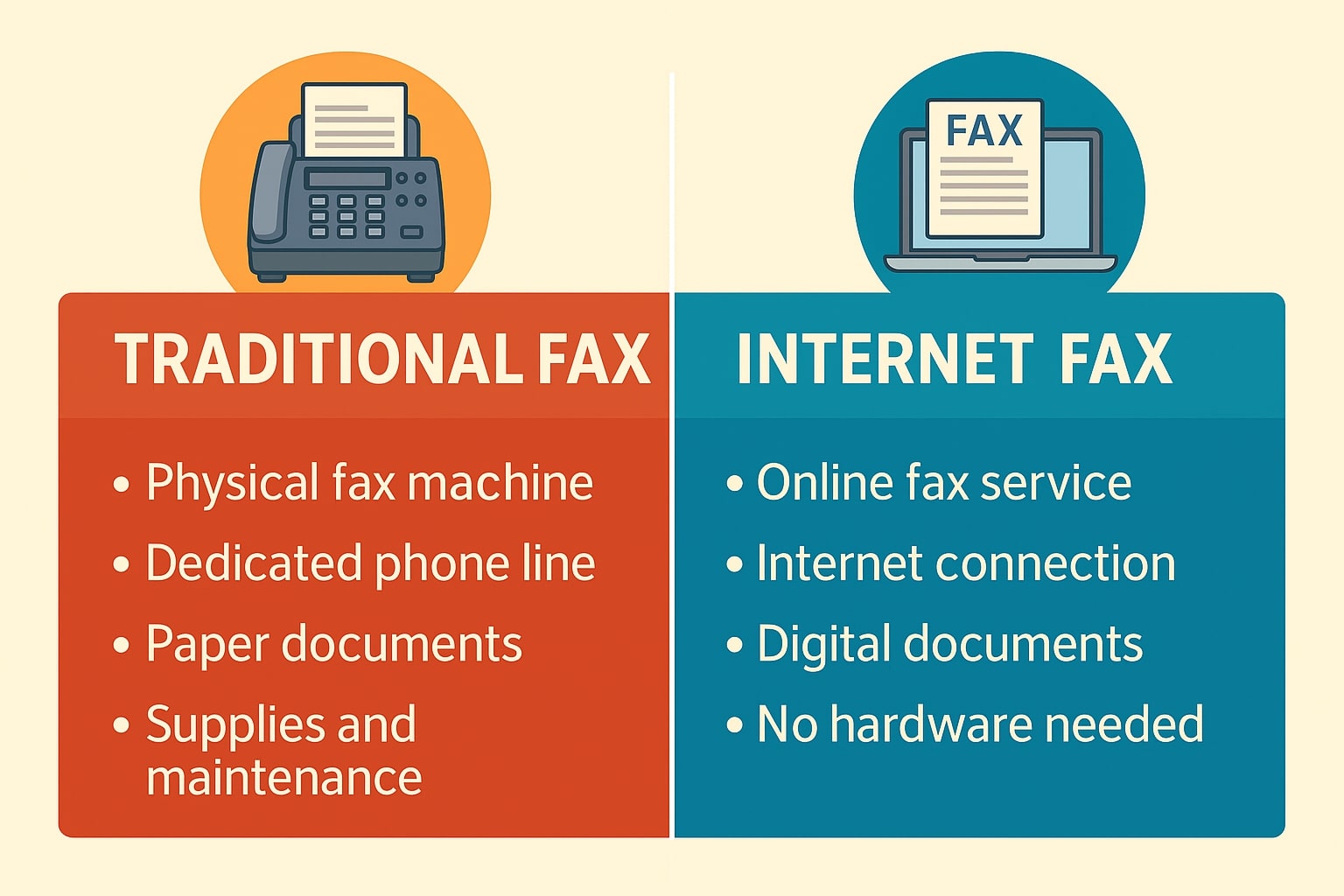 Infographic comparing traditional fax vs internet fax with icons, features, and color-coded sections.