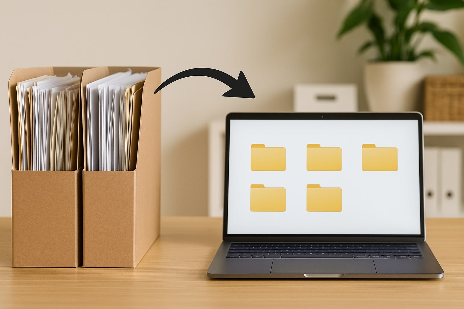 Two file holders filled with paper sit on a desk next to a laptop displaying digital folder icons, with a curved arrow pointing from the paper to the laptop, symbolizing moving from physical to digital document organization.